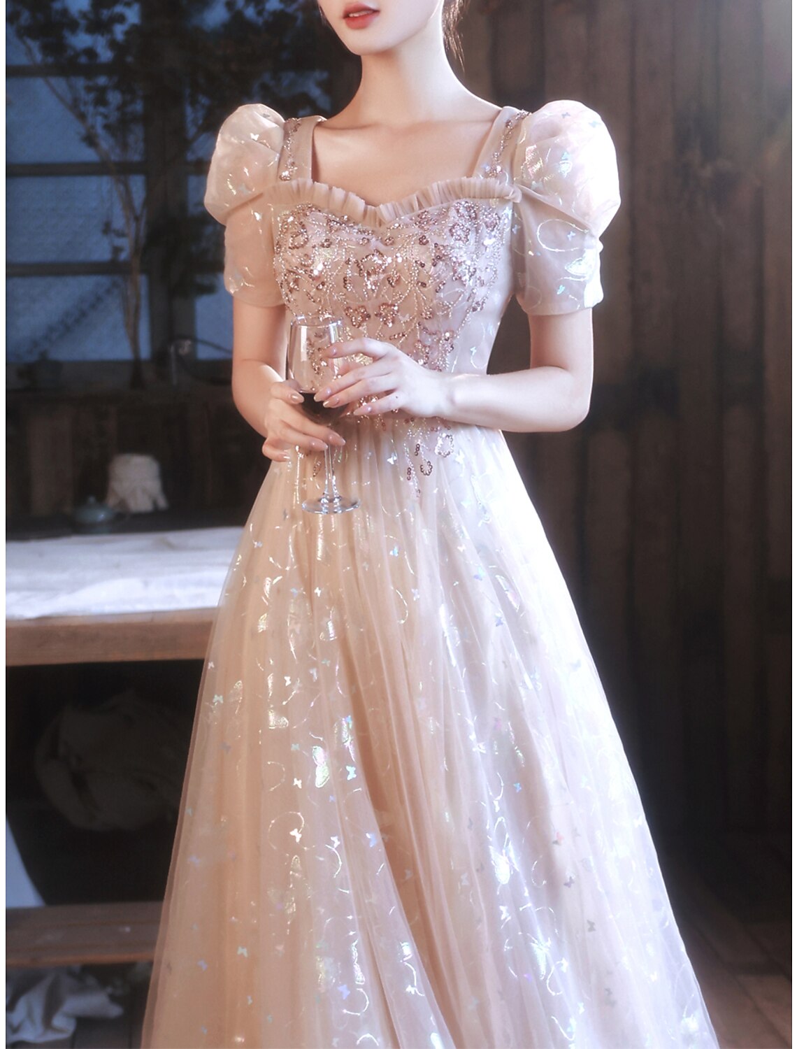 A-Line Prom Dresses Sparkle & Shine Dress Party Wear Prom Floor Length Half Sleeve Sweetheart Satin with Appliques Strappy 2025